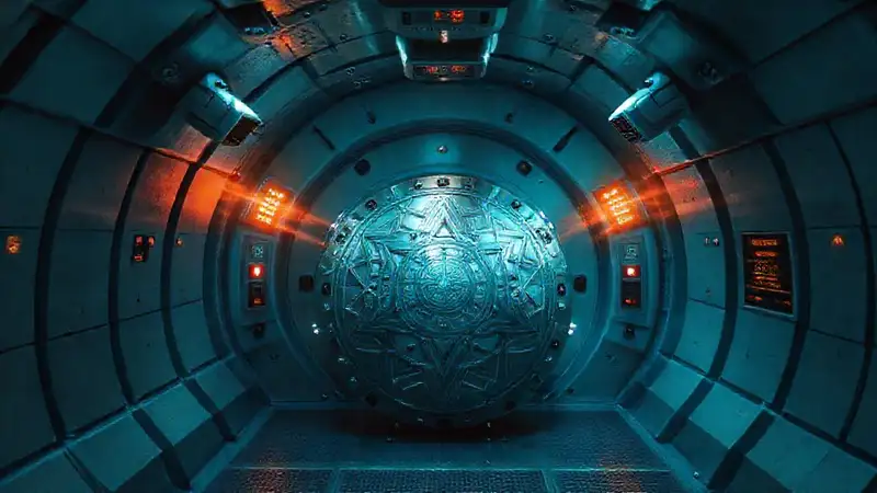 Cuadro de contención con objeto misterioso metálico
