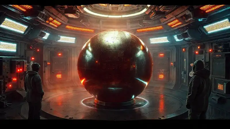 Esfera metálica alienígena en cuarentena futurista