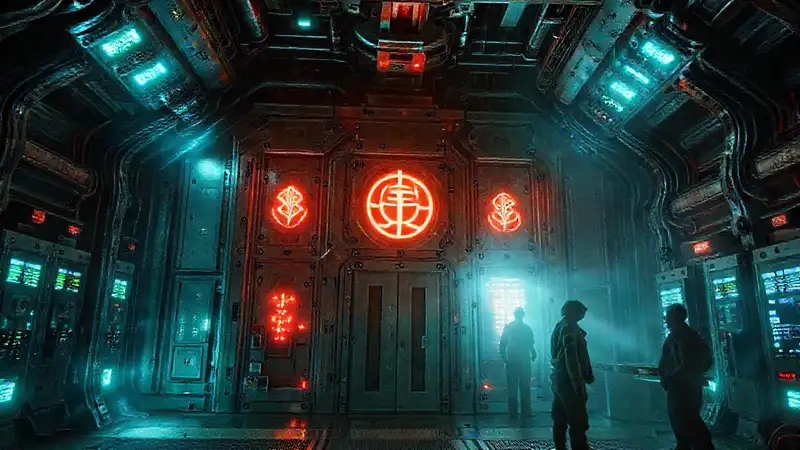 Estructura metálica con símbolos y seguridad futurista