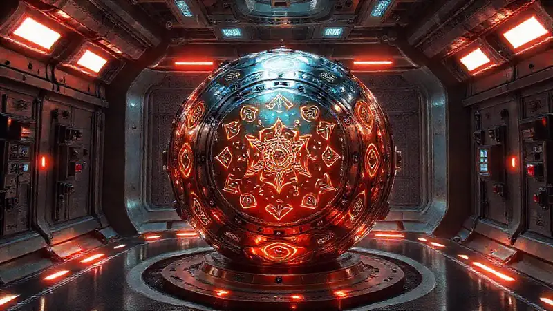 Esfera metálica luminosa en laboratorio futurista