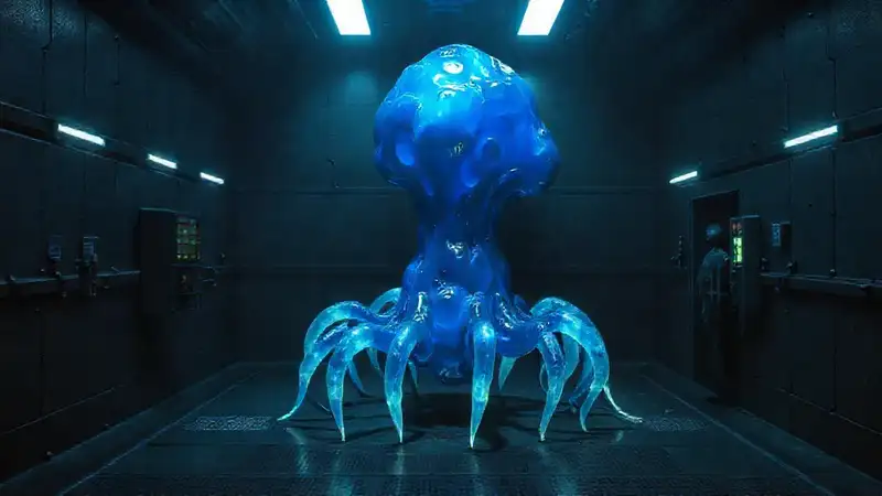 Estructura biológica luminosa en laboratorio seguro