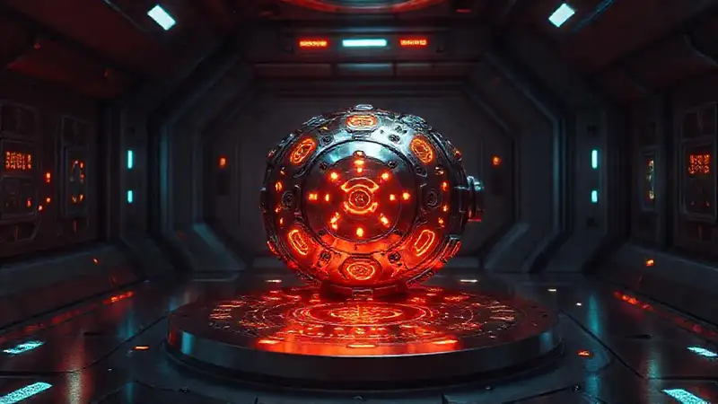 Objeto metálico misterioso en cámara futurista