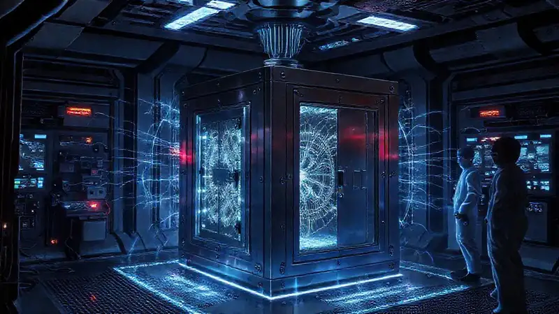 Cápsula metálica futurista resguardada por seguridad