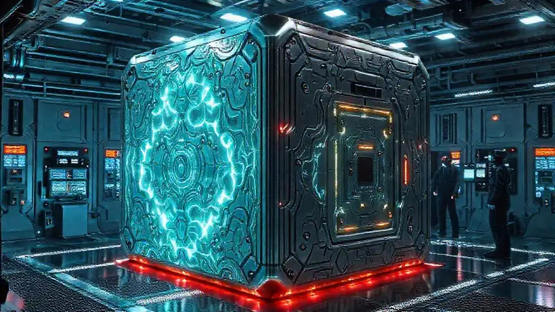 Cubó metálico futurista con energía y seguridad