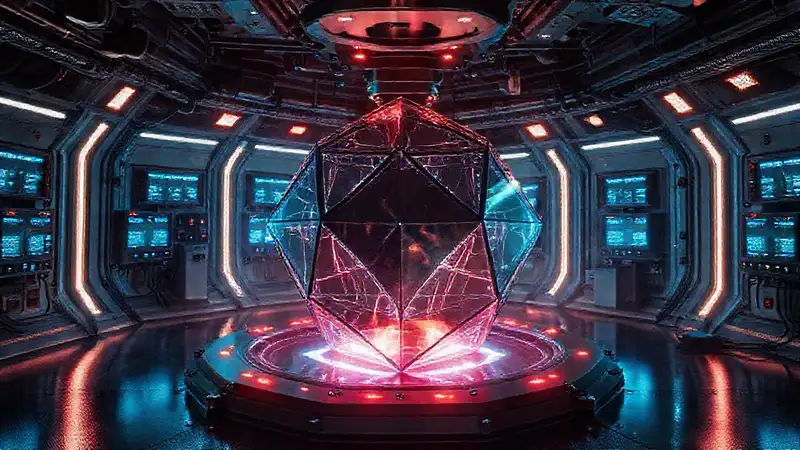 Prisma metálico emite energía en laboratorio futurista