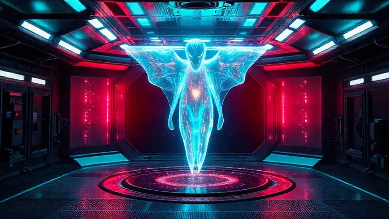 Entidad luminosa y cambiante en entorno futurista