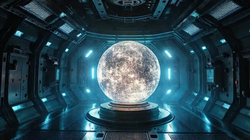 Esfera brillante en cámara de contención futurista