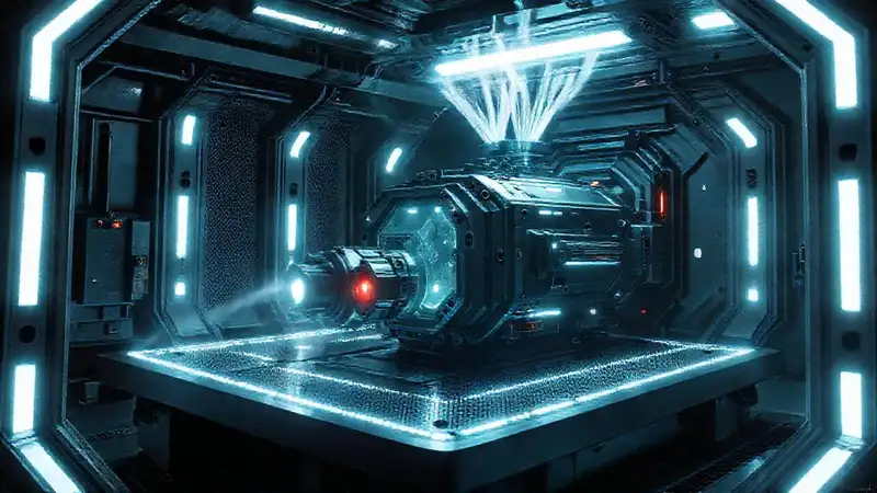 Dispositivo futurista en cámara de energía electromagnética