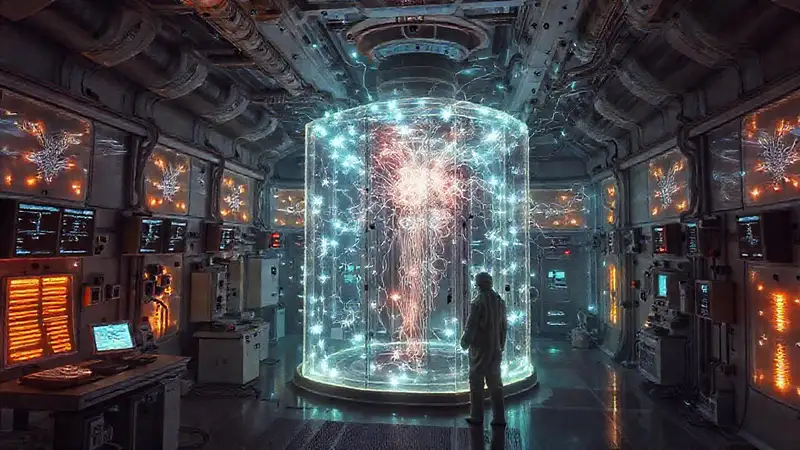 Estructura bioluminiscente en cámara científica avanzada