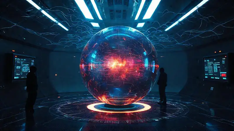 Esfera metálica brillante en cámara futurista misteriosa