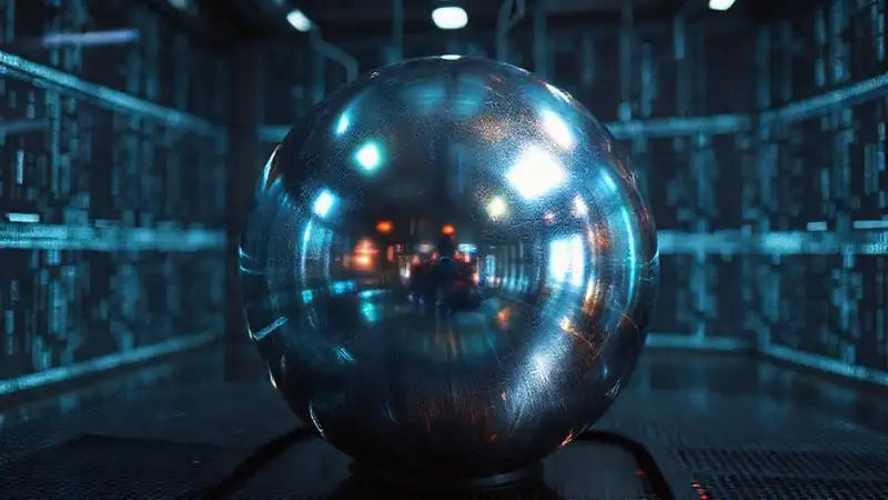 Esfera metálica iridiscente en entorno futurista