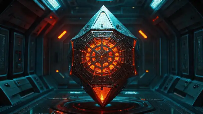 Artefacto metálico brillante en entorno futurista seguro