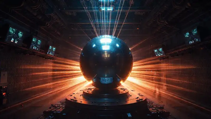 Esfera metálica brillante en cámara secreta futurista