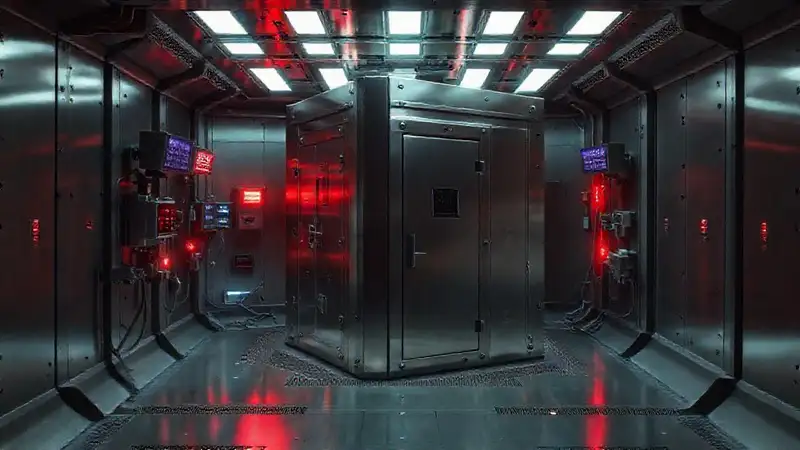 Cubículo metálico conEquipo futurista y seguridad extrema