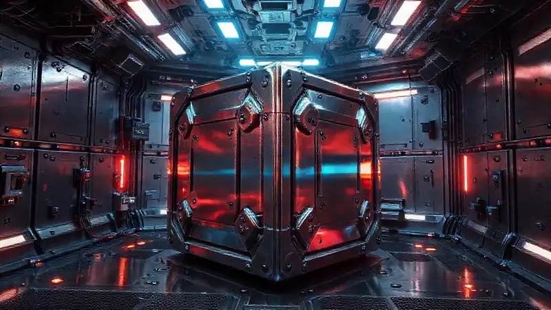 Cubo metálico misterioso en contenedor futurista