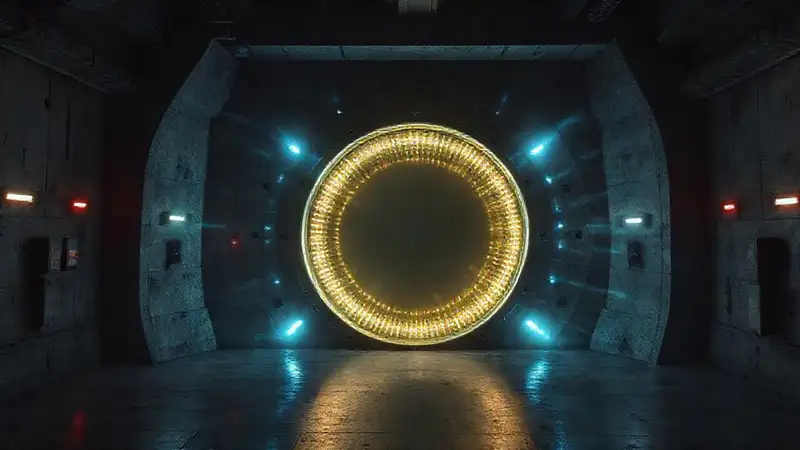 Portal metálico brillante en cámara de seguridad