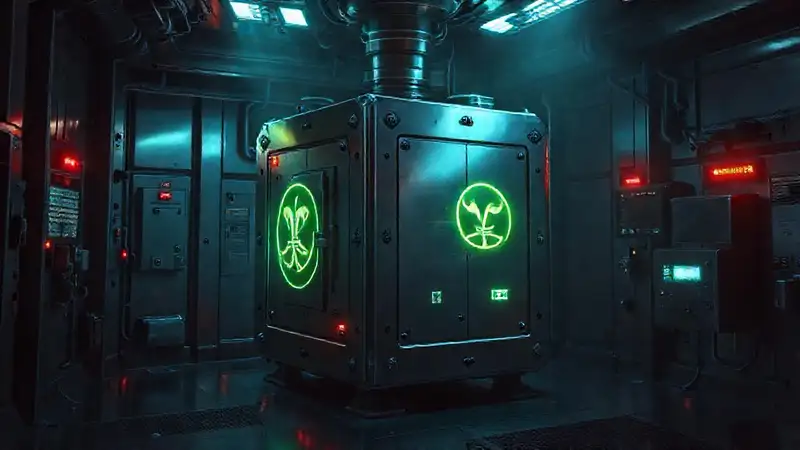 Contenedor metálico futurista con símbolos brillantes