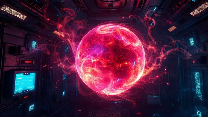 Esfera luminosa en entorno futurista y misterioso