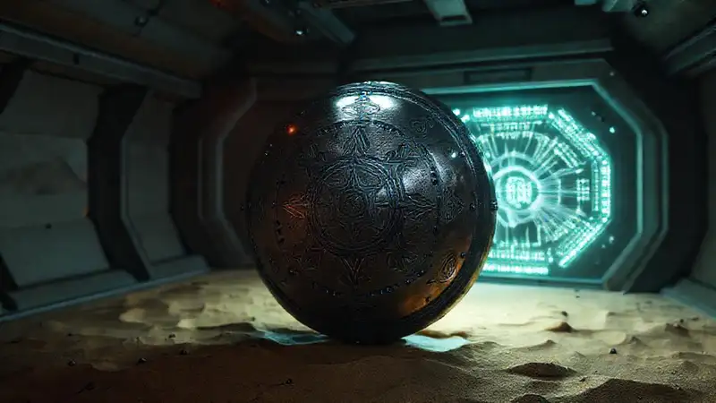 Objeto metálico misterioso en cámara futurista