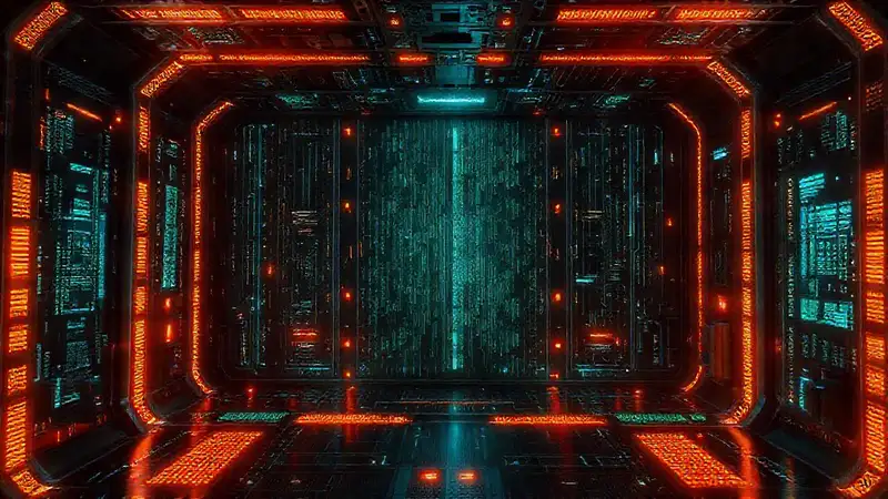 Instalación futurista con seguridad y patrones luminosos