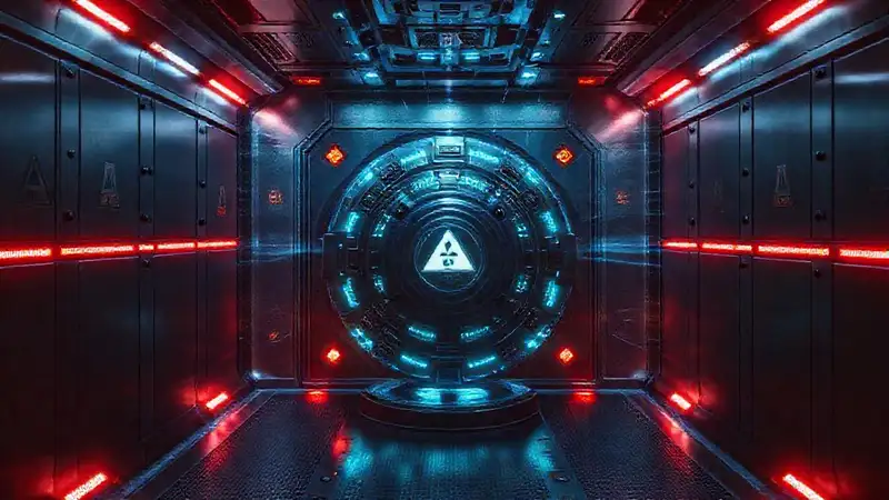 Habitación segura con objeto misterioso y tecnología avanzada