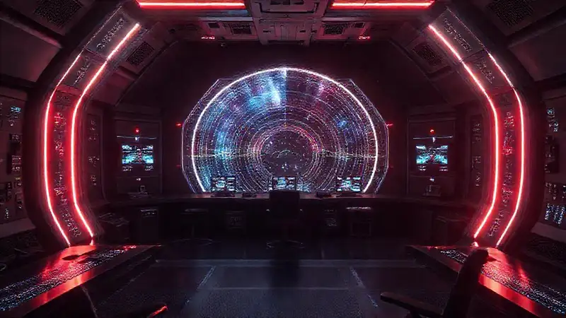 Sala futurista con ondas espectrales y seguridad