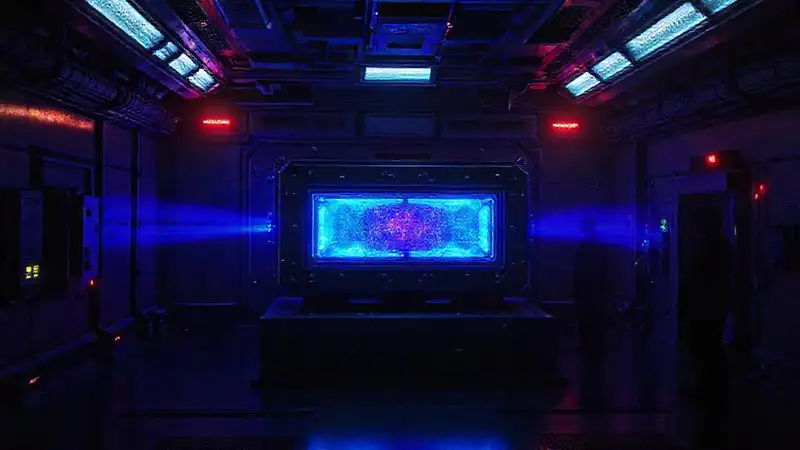 Artefacto brillante y ominoso en cámara de energía