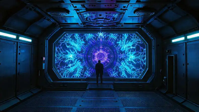 Cámara de contención energética, oscura, futurista y misteriosa