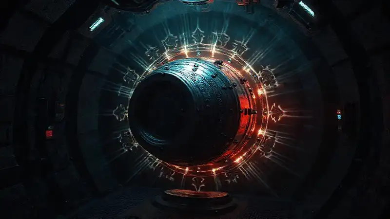 Cilindro metálico misterioso en contención futurista