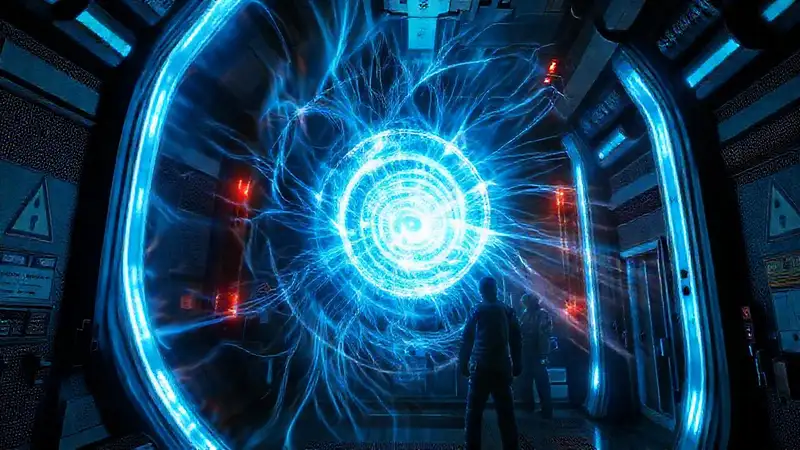 Vórtice energético en sala futurista segura