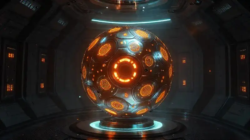 Esfera metálica luminosa en laboratorio futurista