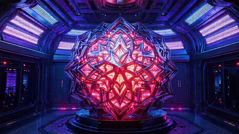 Estructura futurista con patrones y energía misteriosa