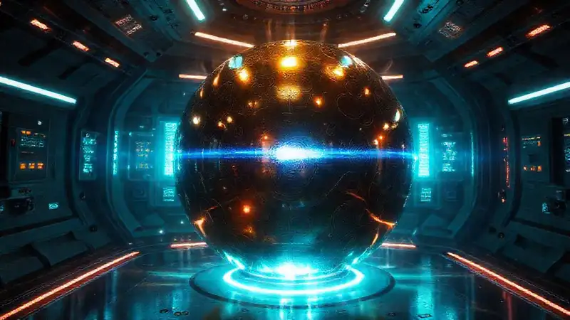 Esfera metálica brillante en cámara futurista segura