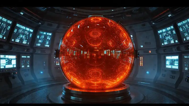 Esfera metálica brillante en entorno futurista