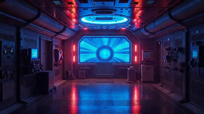 Sala segura con atmósfera misteriosa y tecnológica