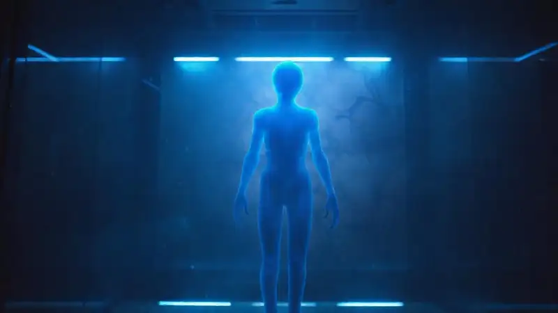 Silhouette humanoide azul en cámara de contención
