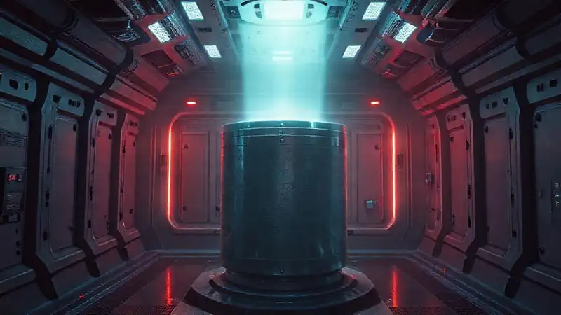 Objeto metálico misterioso en contenedor futurista