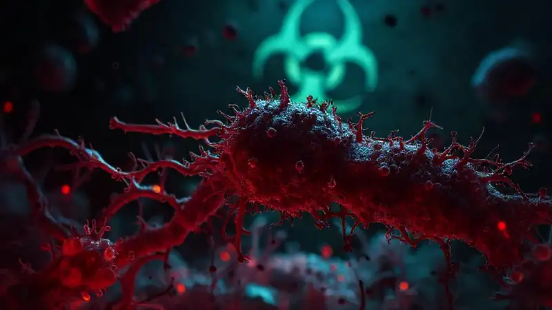 Microorganismo microscópico con biohazard y oscuridad