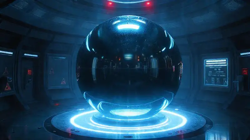 Esfera metálica en contenedor futurista y seguro