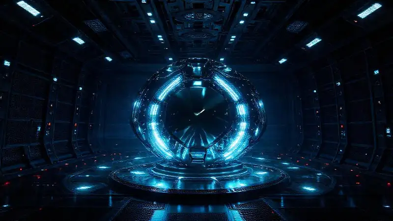 Estructura metálica brillante en cámara futurista