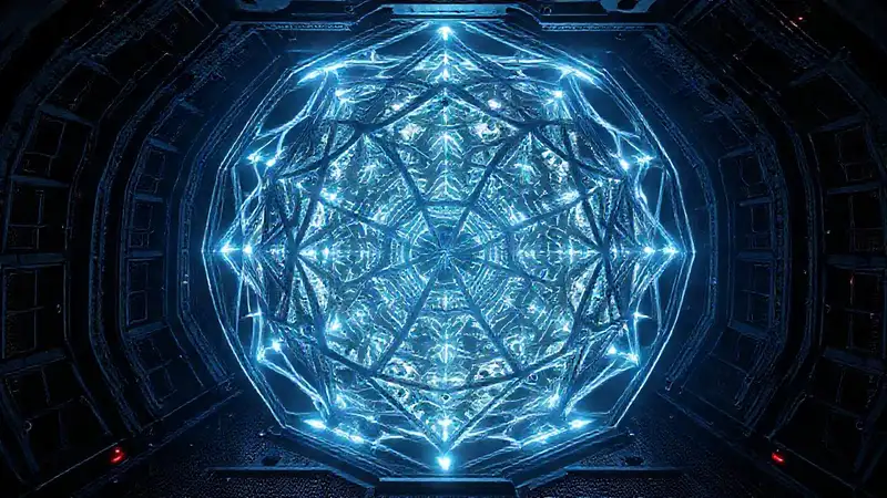 Estructura metálica futurista en cámara oscura