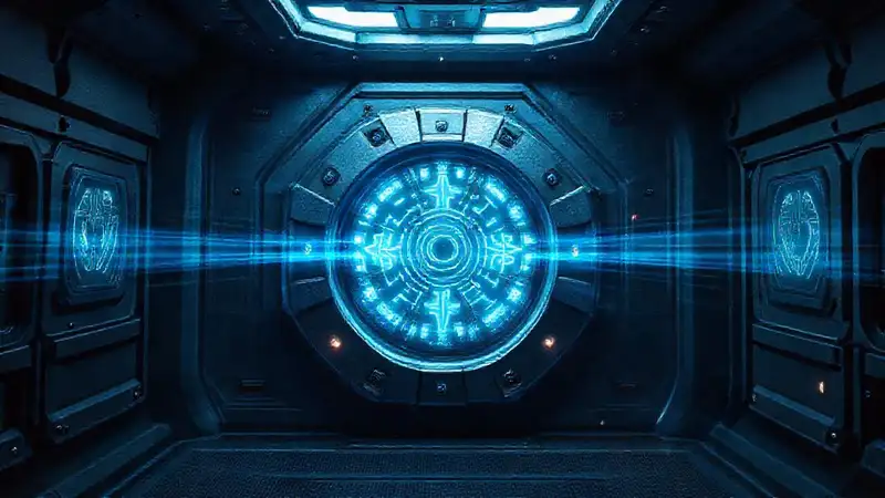 Artefacto metálico misterioso en cámara futurista