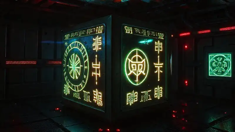 Cubo geométrico alienígena con símbolos y energia