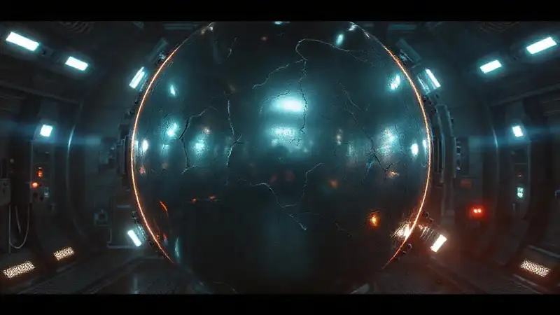 Esfera metálica en cámara futurista de seguridad