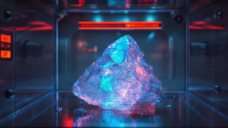 Fragmento de cristal iridiscente en contenedor tecnológico