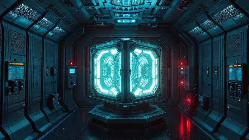 Cámara futurista con artefacto y seguridad avanzada