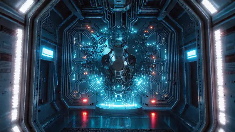 Estructura metálica misteriosa en laboratorio futurista