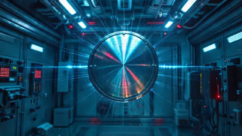 Disco metálico iridiscente en entorno futurista