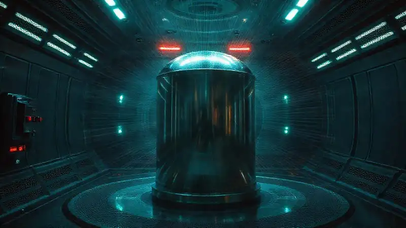 Objeto metálico misterioso en cámara futurista