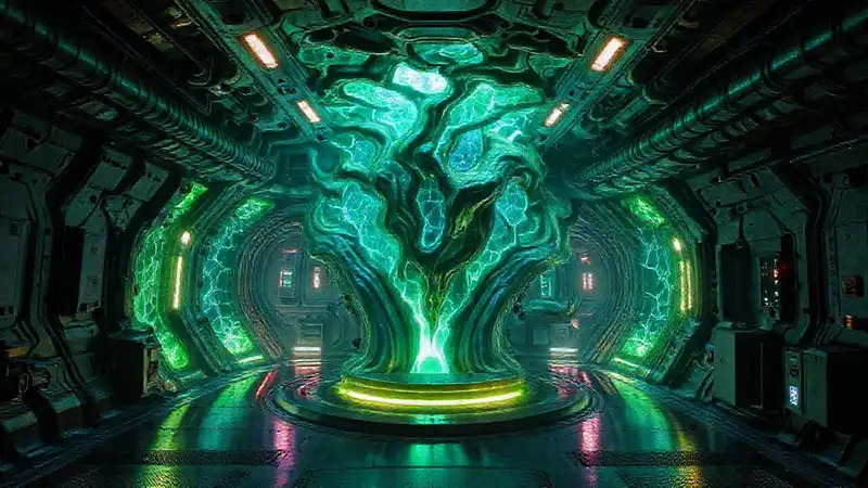 Camara futurista con estructura orgánica-metallica brillante